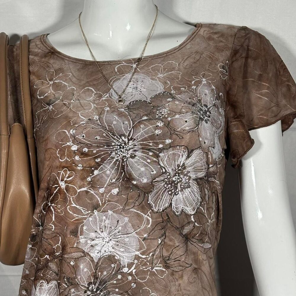 Roz & Ali Vintage Floral Flutter-Sleeve Top🤎 - Size L - Picture 2 of 3